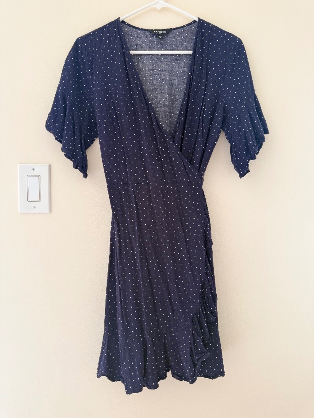 Express Polka Dot Wrap Mini Dress Flutter Sleeves Navy White Small Retro Preppy